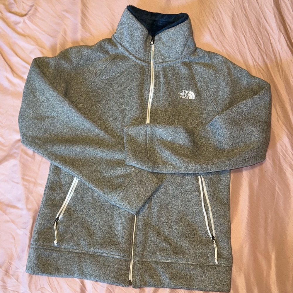 Grey north face navy blue fur lined